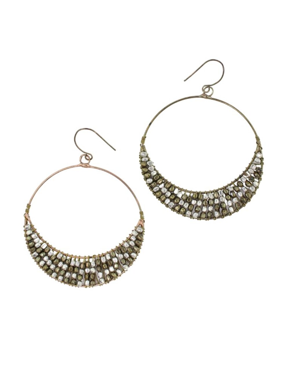 Women's Handmade Silver & Antique Gold Wire Wrapped Beaded Hoop Earrings